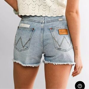 Wrangler Blue Jean Shorts with Frayed Hem and Patches